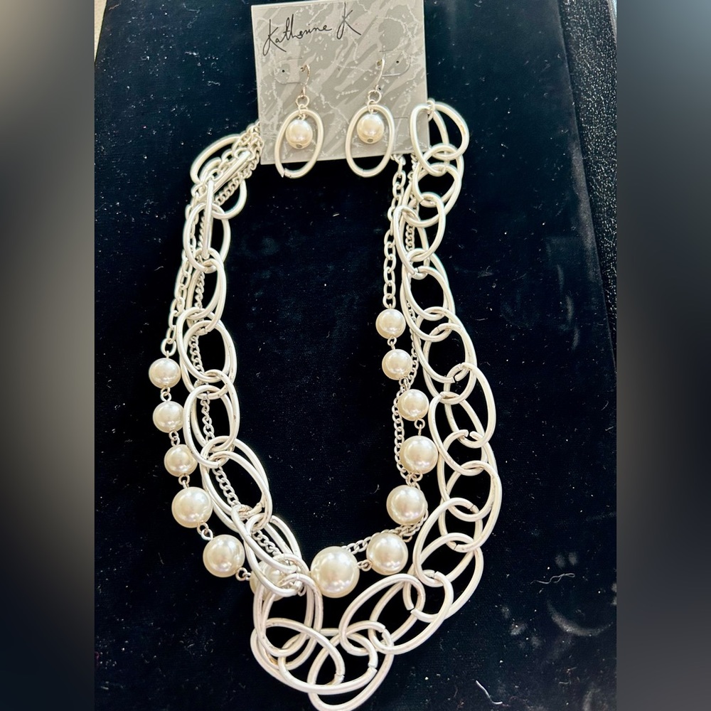 Katherine K Pearl Silver Chain Necklace Earring Set NEW Wedding Classic